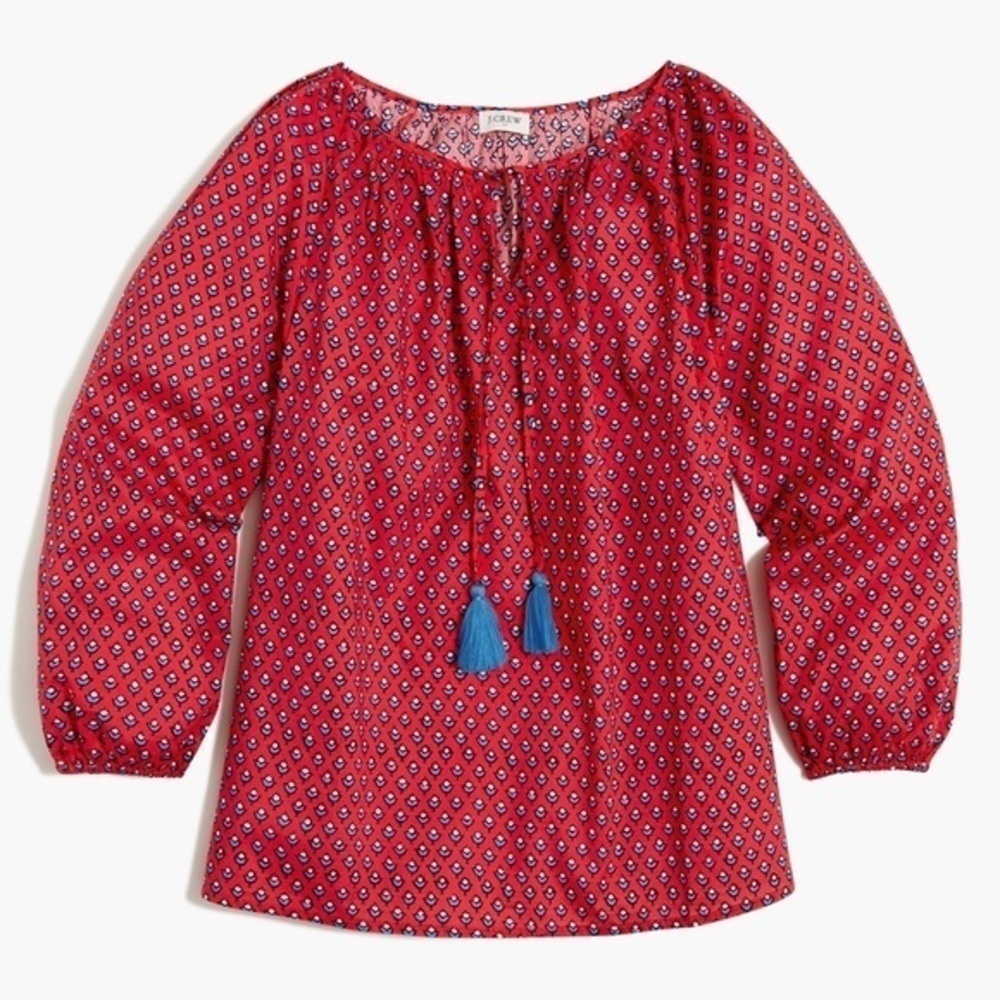 J. Crew Raglan Cotton Popover Printed Tassel Size XS